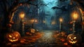 Jack oÃ¢â¬â¢ lanterns in spooky forest with ghost lights   halloween background Royalty Free Stock Photo